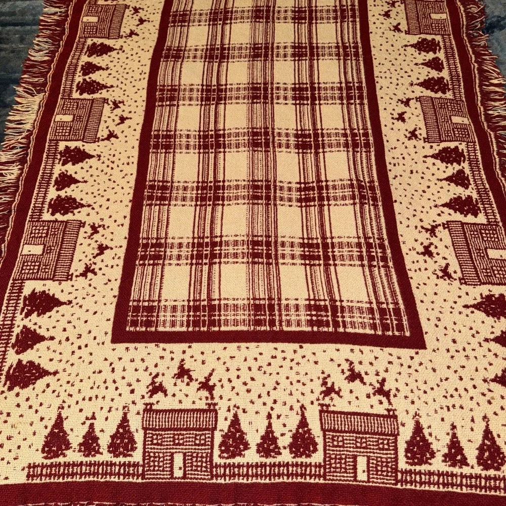 Crate Barrel table runner Red White Fringed House Tree Motif Belgian Cott 2 Side